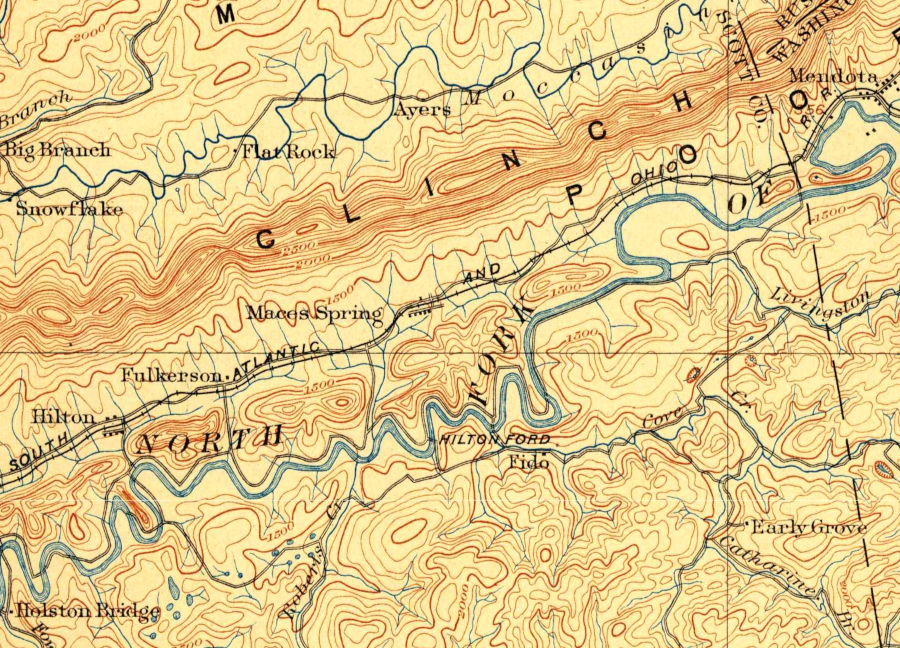 the South Atlantic and Ohio (SA&O) followed the North Fork of the Holston River from Mendota down to Moccasin Gap, where it crossed Clinch Mountain