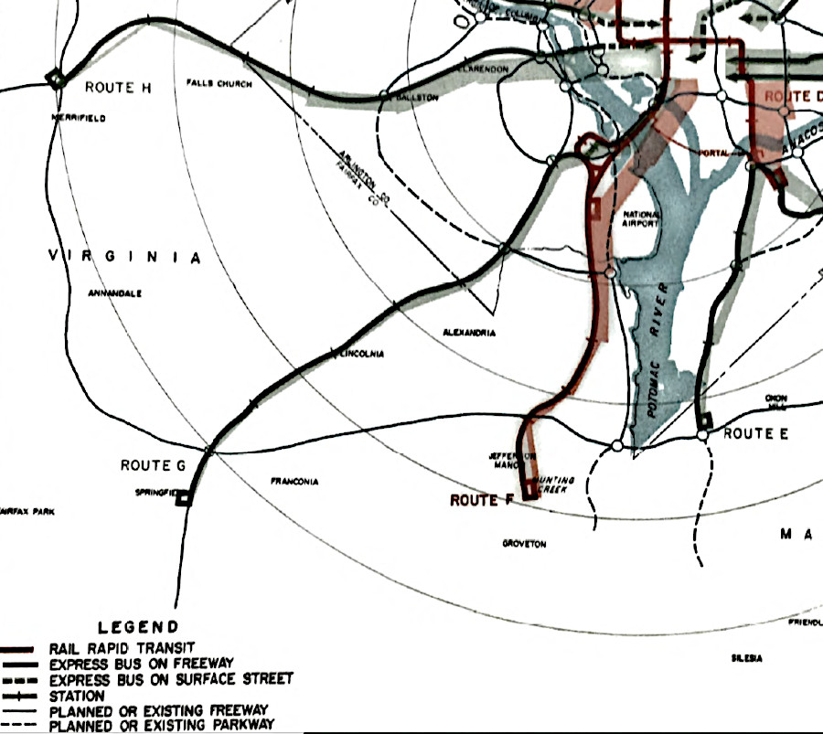 the 1959 Mass Transit Survey proposed a rapid rail system with one line in Virginia, extending to Huntington south of Alexandria