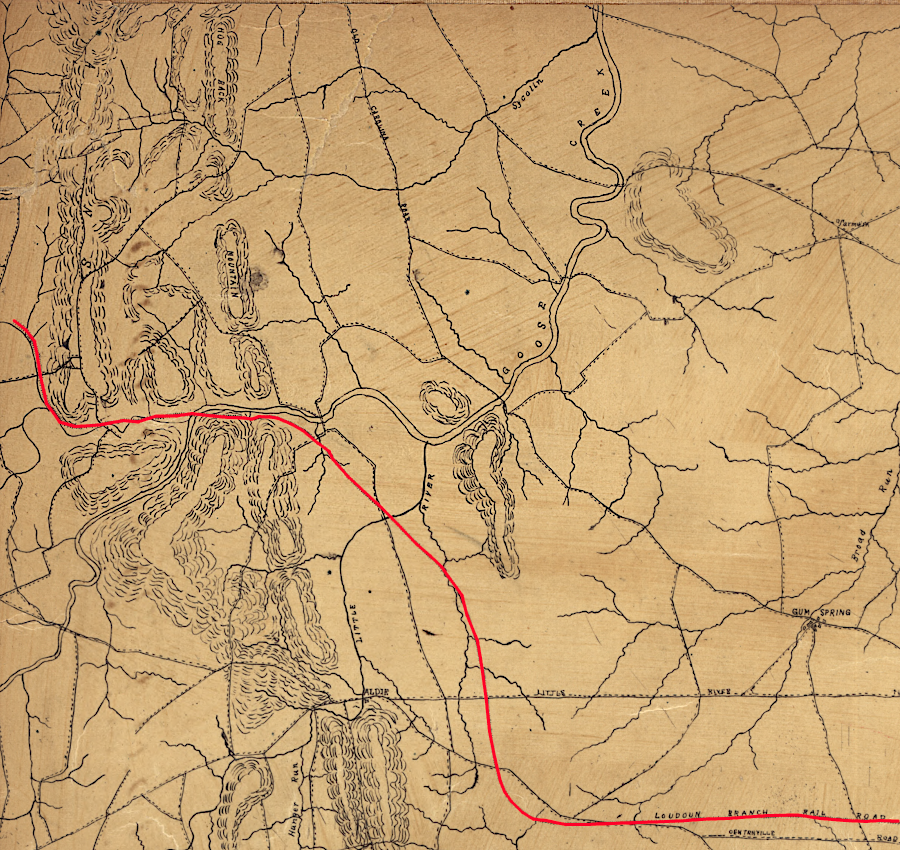 one proposal for routing the Loudoun Branch was to pass through Hogback Mountain north of Aldie, using the gap carved by Goose Creek