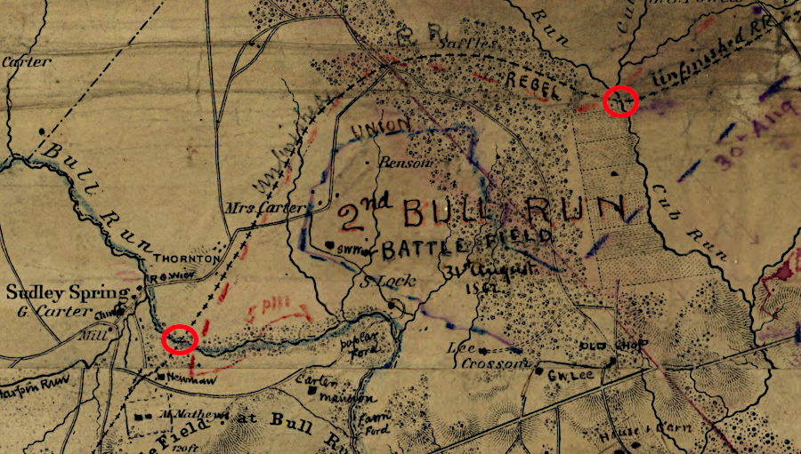 bridge abutments on Cub Run and Bull Run were completed for the unfinished line of the Manassas Gap Railroad