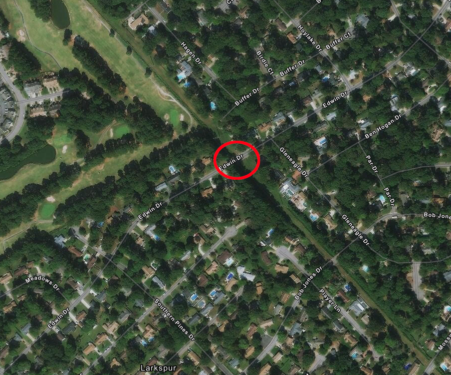 a green swath shows where the Munden Branch crosssed Edwin Drive near Kempsville Greens Golf Course in Virginia Beach