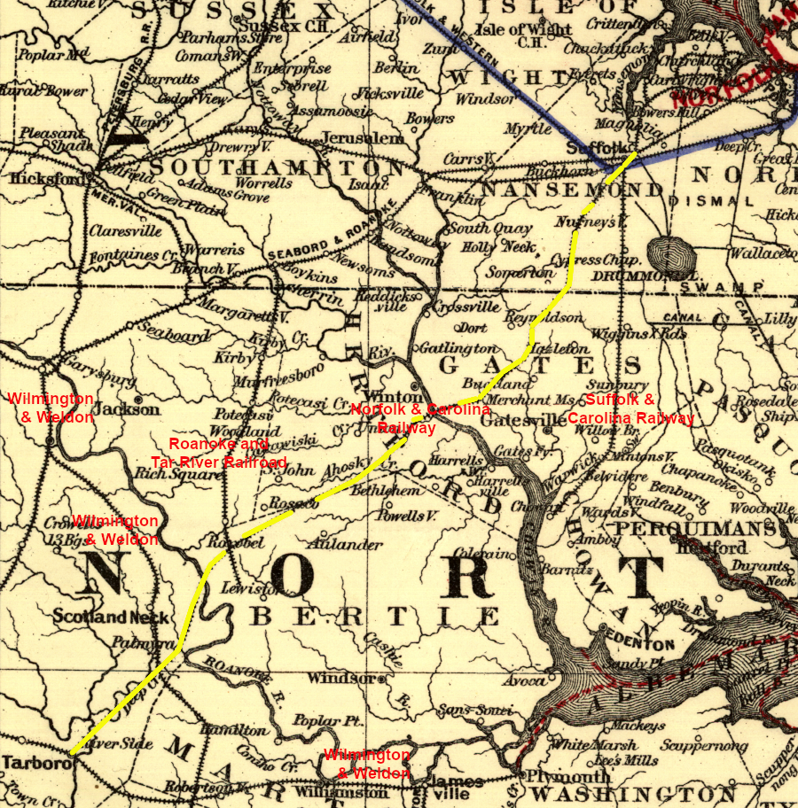 the Norfolk & Carolina Railway in 1891, with competing lines on the east and west going to Suffolk