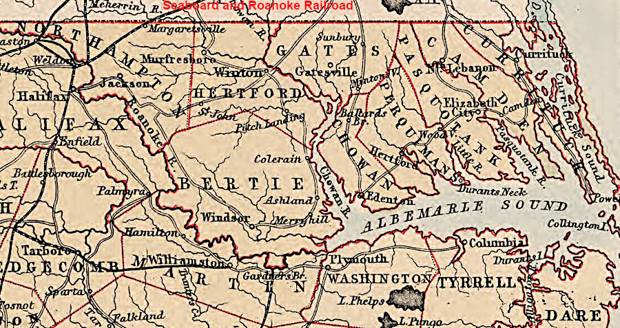 in 1880, only the Seaboard and Ranoke Railroad linked northeastern North Carolina to ports on the Elizabeth River in Virginia