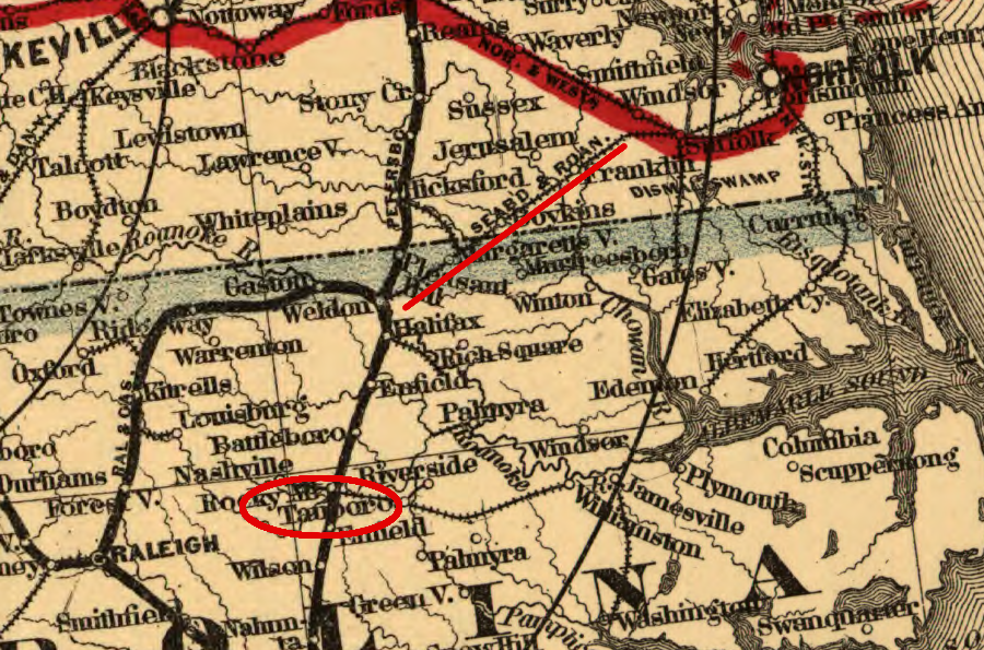 prior to the Norfolk & Carolina Railroad reaching Tarboro, freight from North Carolina reached Norfolk via the Portsmouth and Roanoke (later Seaboard and Roanoke) Railroad