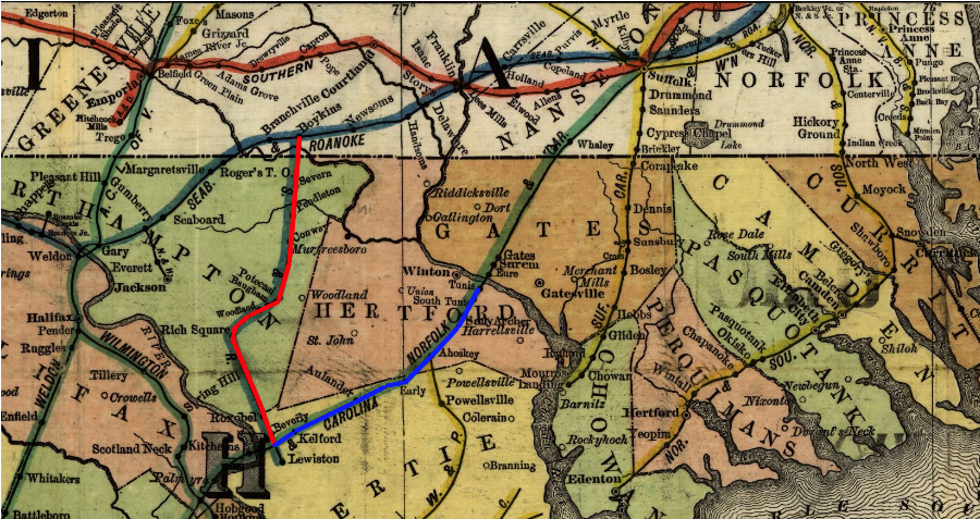 the current North Carolina & Virginia Railroad includes track from the Roanoke and Tar River Railroad (red) and Norfolk and Carolina Railroad (blue)