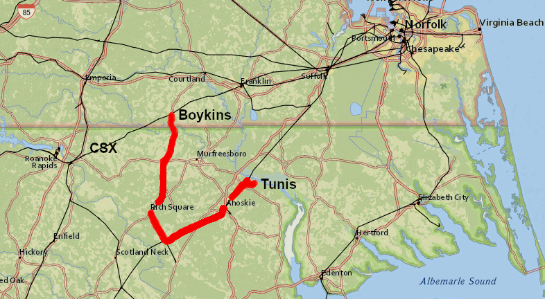 the North Carolina & Virginia Railroad links to the CSX Railroad at Boykins, Virginia