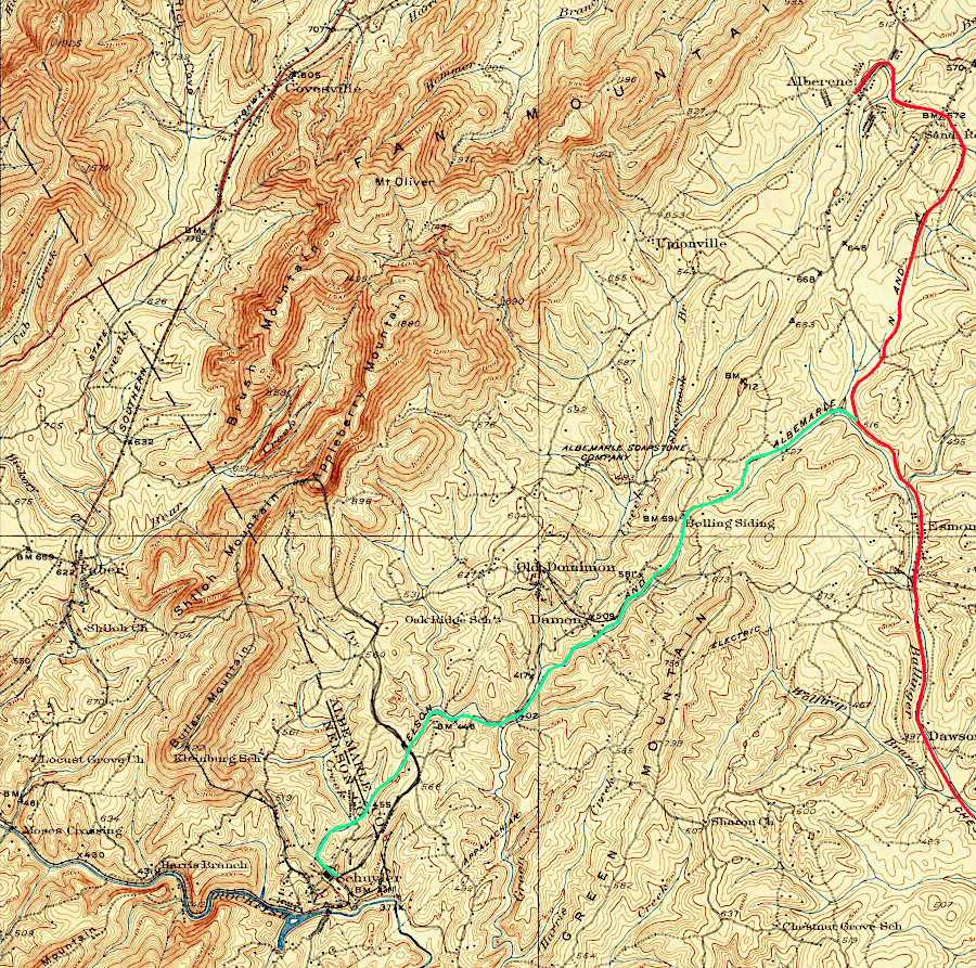 the Nelson & Albemarle Railway built track (green) linking Schuyler and the Alberene Branch (red) in 1906