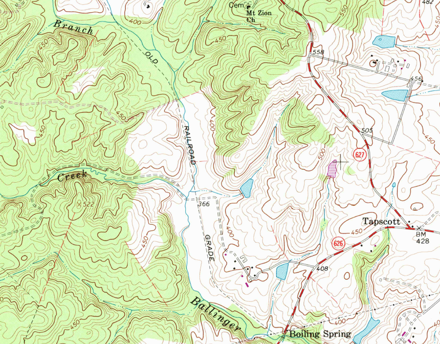 the former route of the Nelson & Albemarle Railway along Ballinger Creek was documented in a 1967 topographic quadrangle map