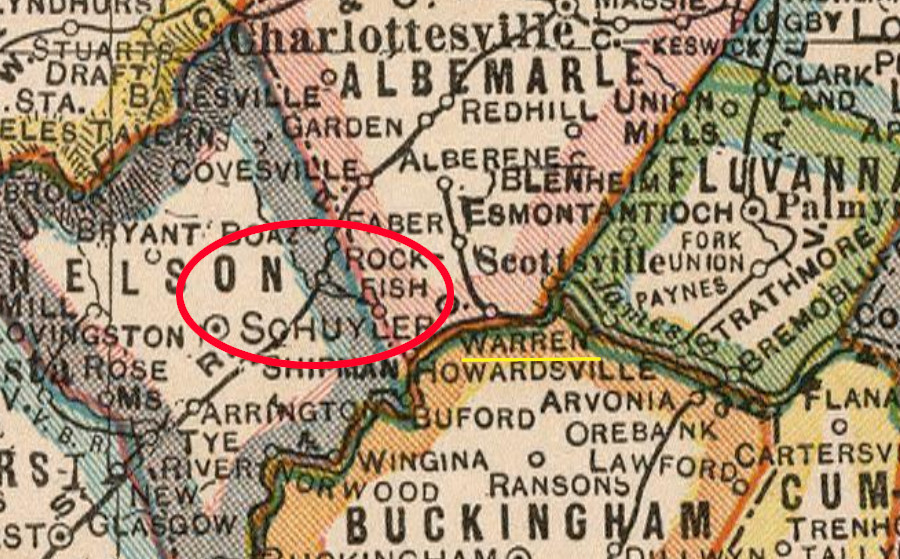 the electrified Schuyler Railway ran from the quarries to the Rockfish River, then upstream to the Rockfish depot of the Southern Railway