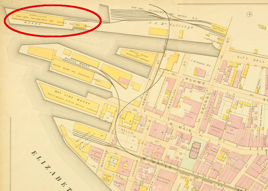 the New York, Philadelphia, and Norfolk connected to steamships with a Norfolk terminal on the Elizabeth River