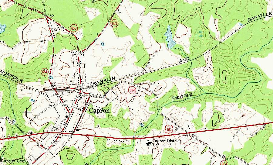 the route of the Norfolk, Franklin & Danville Railway is now Railroad Avenue in Capron (Southampton County)