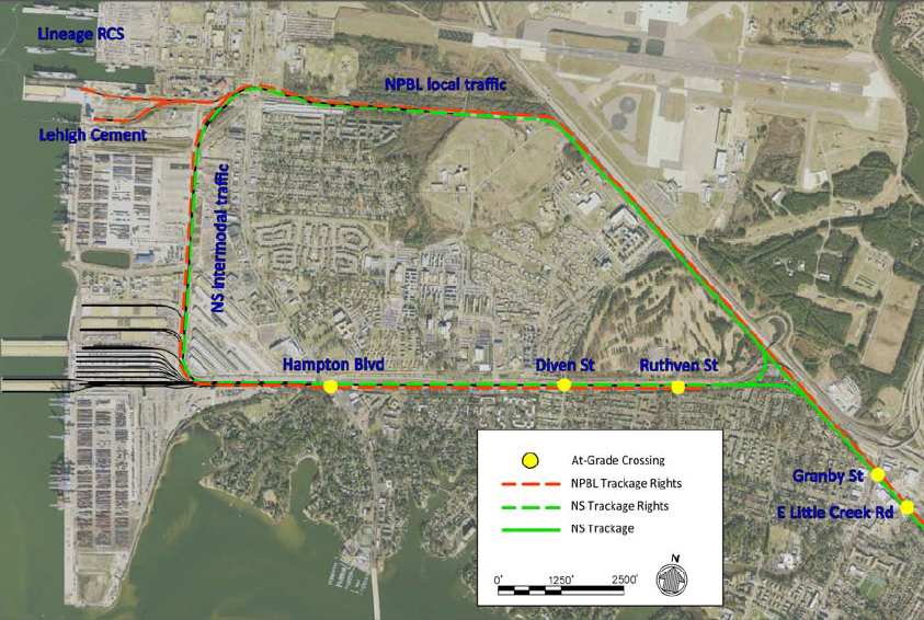the Norfolk Southern and the Norfolk and Portsmouth Belt Line both transport cargo from the Norfolk International Terminal (NIT)