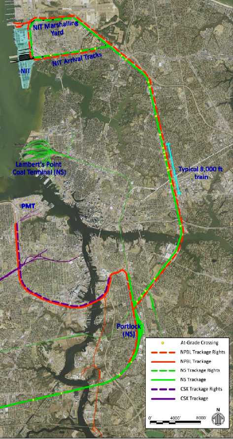 CSX has no track to the Norfolk International Terminal (NIT), but the neutral Norfolk and Portsmouth Belt Line has rights to use the Norfolk Southern tracks and deliver containers to CSX