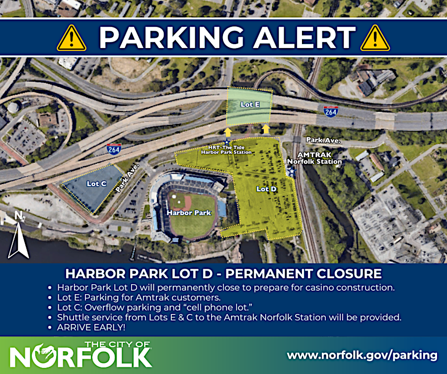 Norfolk Amtrak station customers had to rely upon shuttle buses from more-distant parking lots, once construction of the casino started in January, 2025
