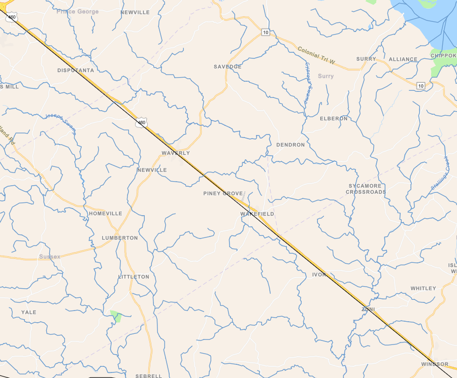 the Norfolk and Petersburg Railroad 52-mile tangent track is straighter than US 460 today