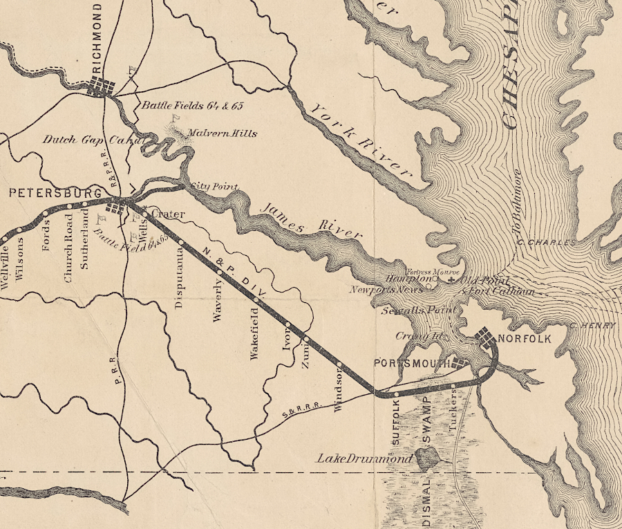 the Norfolk and Petersburg Railroad 52-mile tangent track is straighter than US 460 today