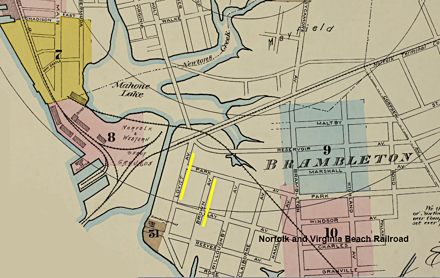 site of the 1887 railyards and stations for the Norfolk and Western Railroad and the Norfolk and Virginia Beach Railroad in 1887