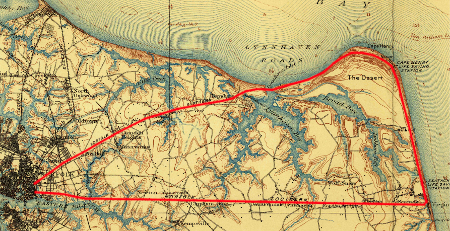 the combination of Chesapeake Transit Company  and the Norfolk Southern Railroad in 1904 allowed vacationers to make a loop on the electrified line (red)