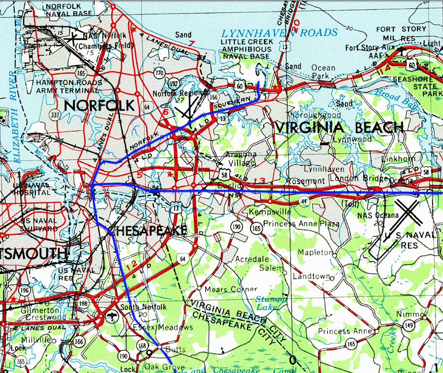 the Norfolk Southern Railway in 1953 (blue) extended to Little Creek and the Oceanfront, but track across Lynnhaven Inlet to Cape Henry had been removed