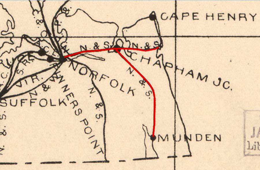 red line marks the Norfolk, Virginia Beach and Southern Railroad track acquired by Norfolk Southern in 1900, including the Munden Branch