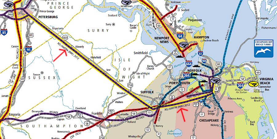 the route of the Norfolk and Petersburg Railroad is used today by Norfolk Southern and Amtrak