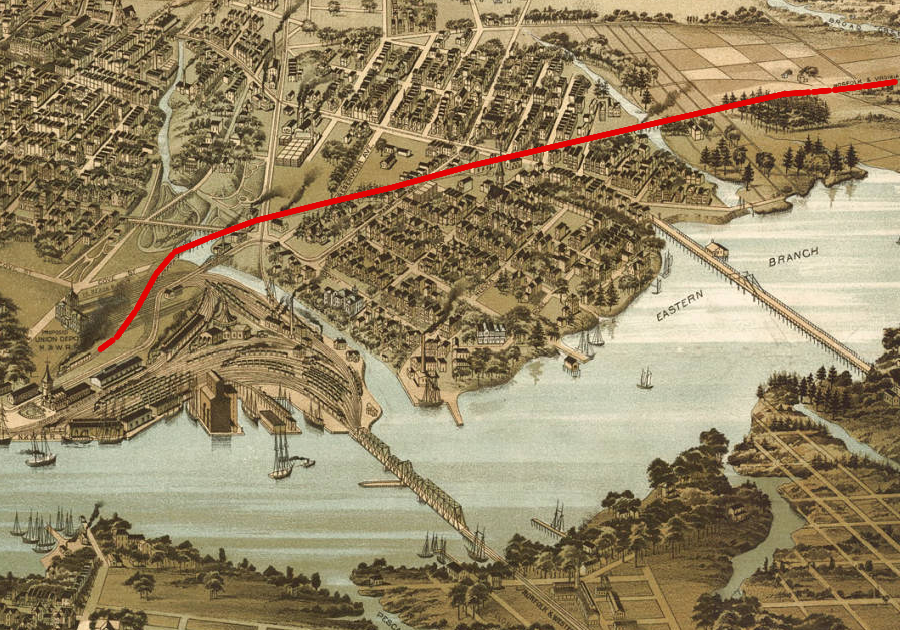 the Norfolk and Virginia Beach Railroad carried passengers from what is today's Harbour Park eastward to the Atlantic Ocean