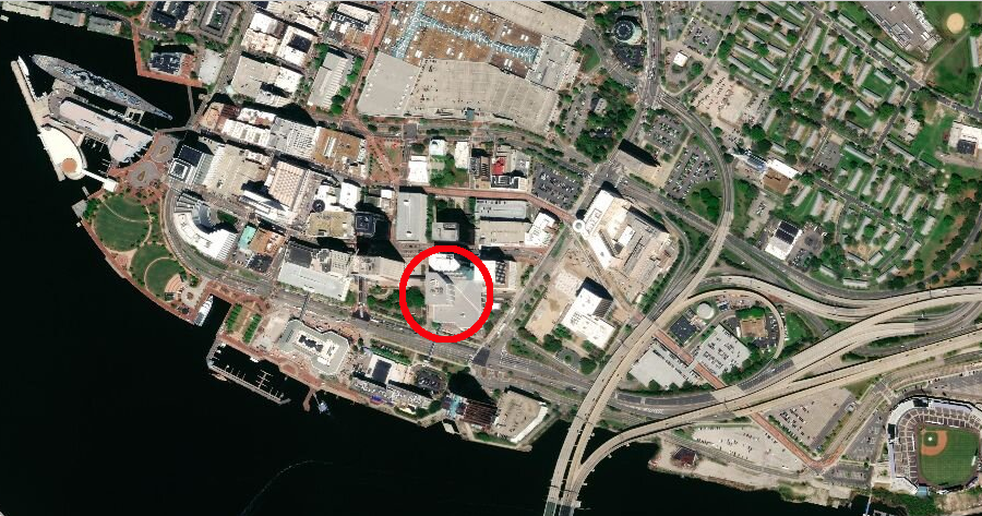 Norfolk Southern decided in 2018 to move its headquarters from its tower in Norfolk (circled) to Atlanta