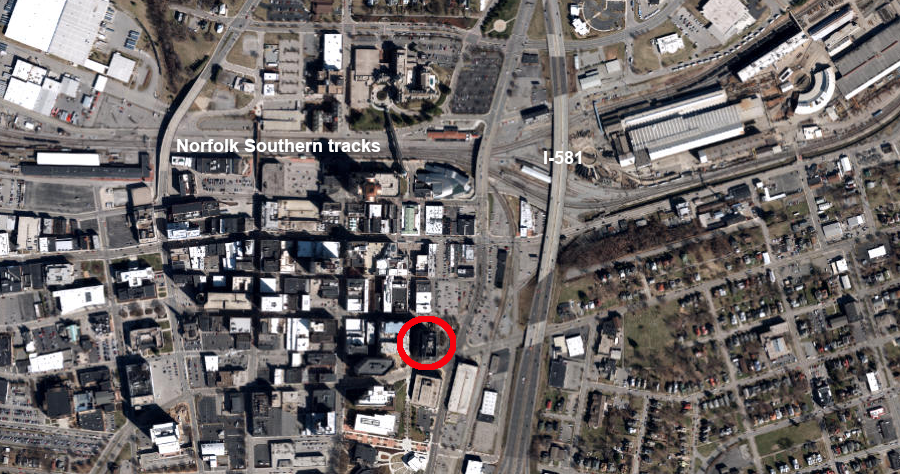 in 2015, Norfolk Southern abandoned its office (circled) in downtown Roanoke