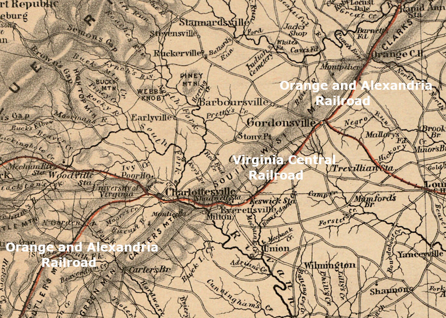 intially, the Orange and Alexandria Railroad was obliged to pay for use of the Virginia Central Railroad between Gordonsville and Charlottesville
