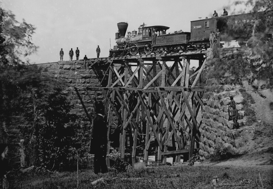 durng the Civil War, Union soldiers rebuilt bridges to put the Orange and Alexandria Railroad back into service
