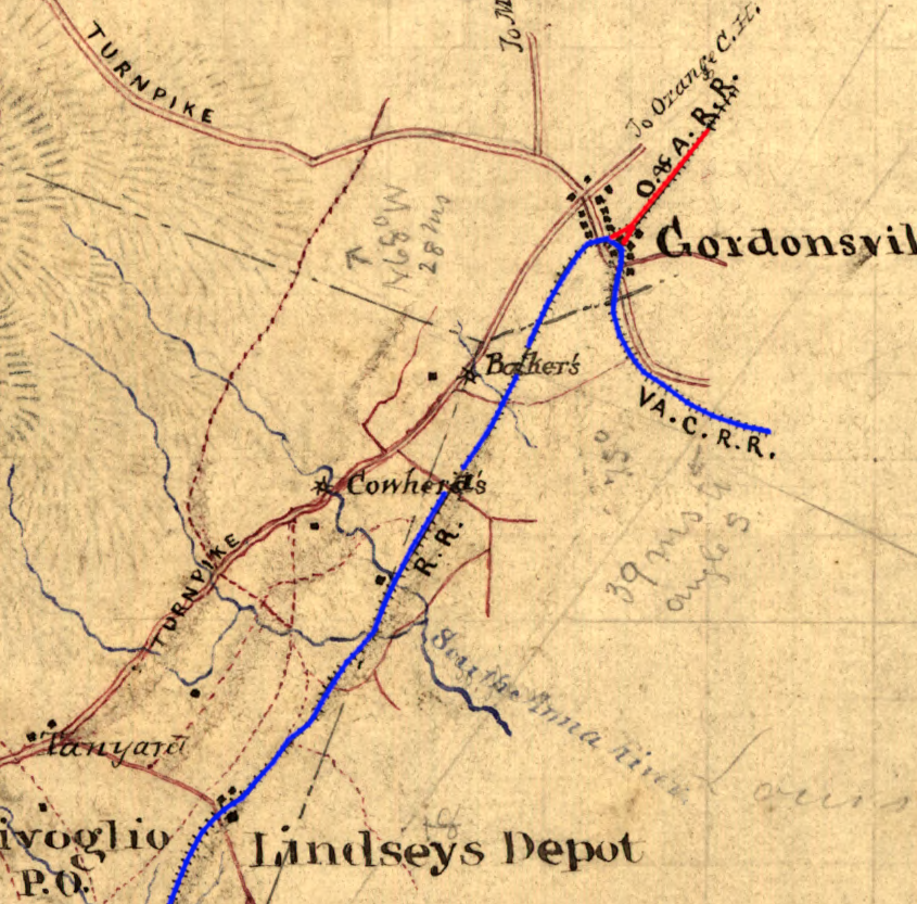 the Orange and Alexandria Railroad had to use Virginia Central tracks between Gordonsville-Charlottesville