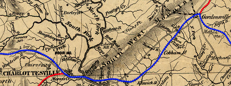 the Virginia Central (blue) connected Gordonsville and Charlottesville