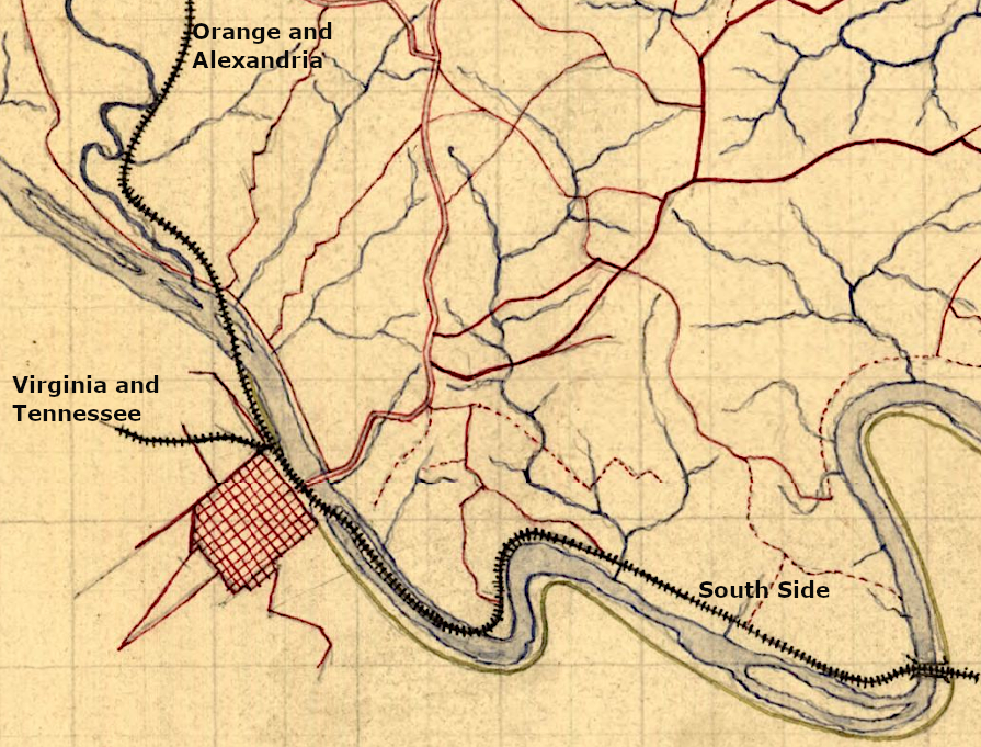 the Orange and Alexandria Railroad linked to the Virginia and Tennessee and the South Side railroads in Lynchburg in 1861