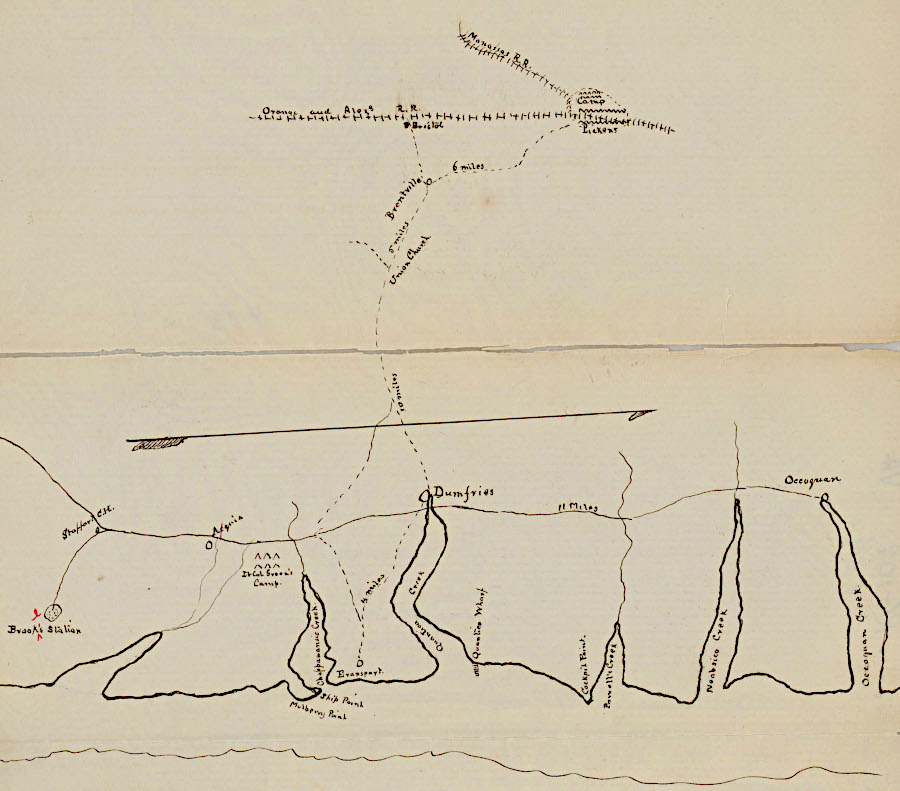 an 18-mile wagon road linked the Orange and Alexandria Railroad depot at Bristow to Dumfries in 1861