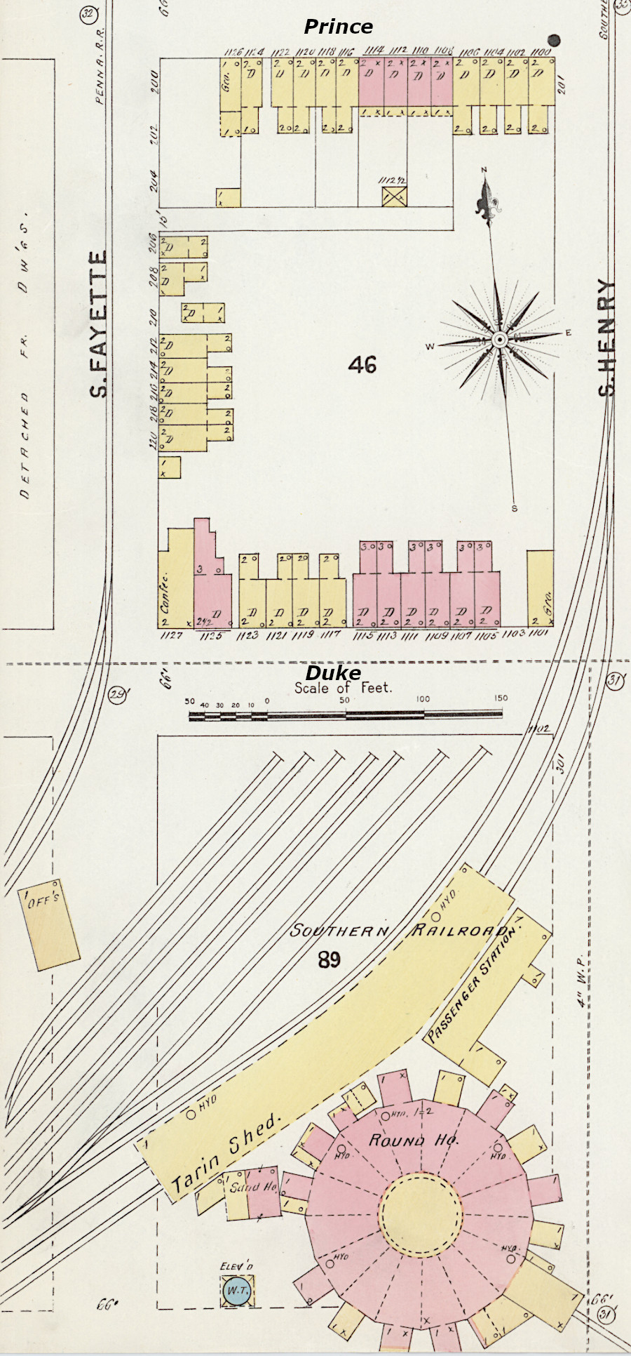 the Orange and Alexandria Railroad roundhouse, built before the Civil War, was part of the Southern Railroad in 1896
