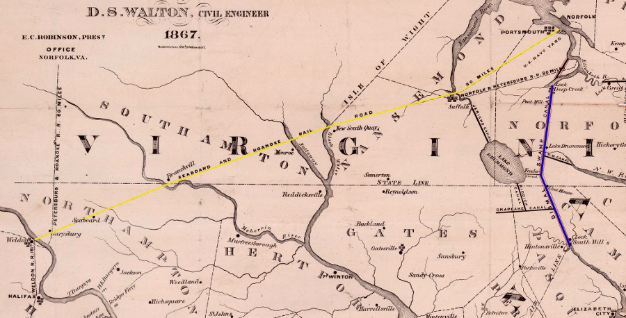 the Portsmouth and Roanoke Railroad (yellow line) improved upon the transportation already provided by the Dismal Swamp Canal (blue line) between the Roanoke River and the Chesapeake Bay