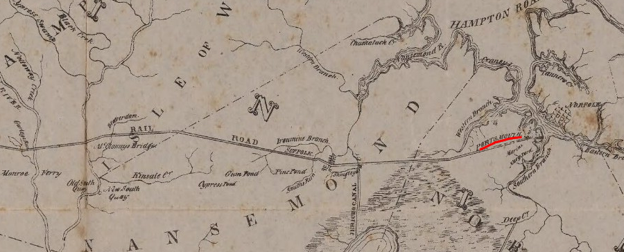 the Portsmouth and Roanoke Railroad connected a port on the Chesapeake Bay at Portsmouth with trade on the Roanoke River at Weldon