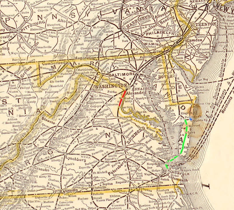 in 1888, the Pennsylvania Railroad controlled the Delaware, Maryland and Virginia (blue), New York, Philadelphia and Norfolk (green), and Baltimore and Potomac (red) railroads in Virginia