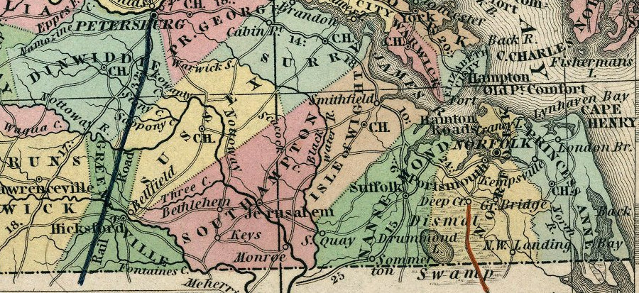 the Petersburg Railroad was constructed almost 30 years after the Dismal Swamp Canal (brown line)