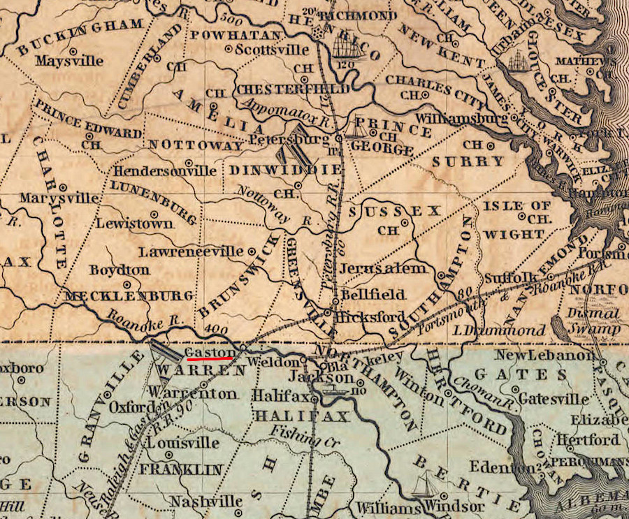 the Petersburg Railroad connected to the Raleigh and Gaston Railroad at Gaston, upstream of Weldon