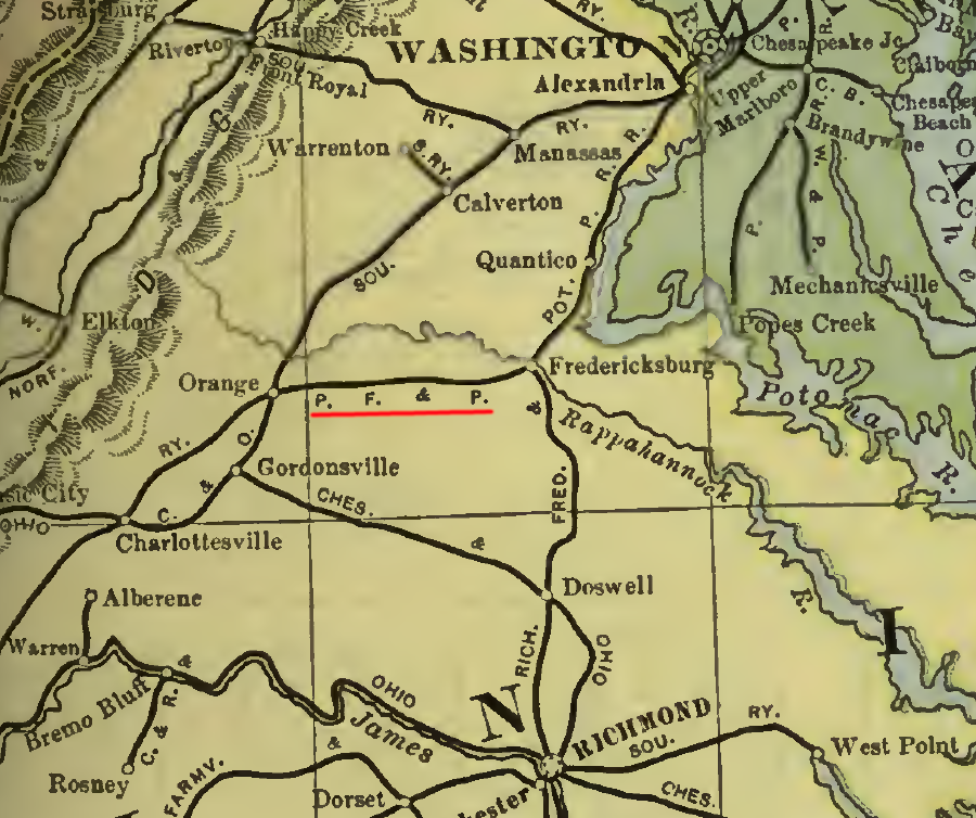 Poors Manual of Railroads identified the route of the Potomac, Fredericksburg & Piedmont Railroad in 1901