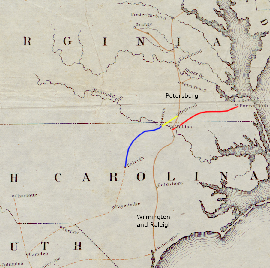 the Raleigh and Gaston Railroad (blue) connected to the Greensville and Roanoke Railroad (yellow) in 1840, and extended track to meet the Seaboard and Roanoke Railroad (red) in 1853