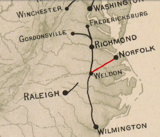 the Portsmouth and Roanoke Railroad offered an alternative to the Petersburg Railroad for transport of passengers to Baltimore and export of freight via the Chesapeake Bay