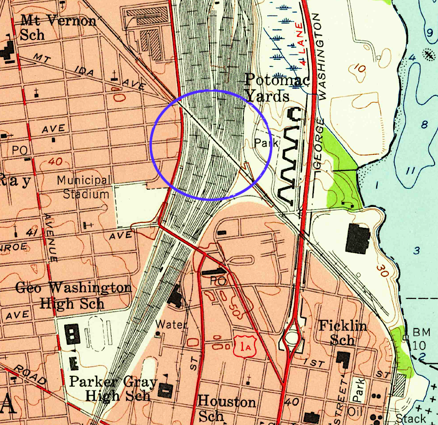 a bridge over the tracks in Potomac Yard allowed trains to go from the Alexandria waterfront to Leesburg