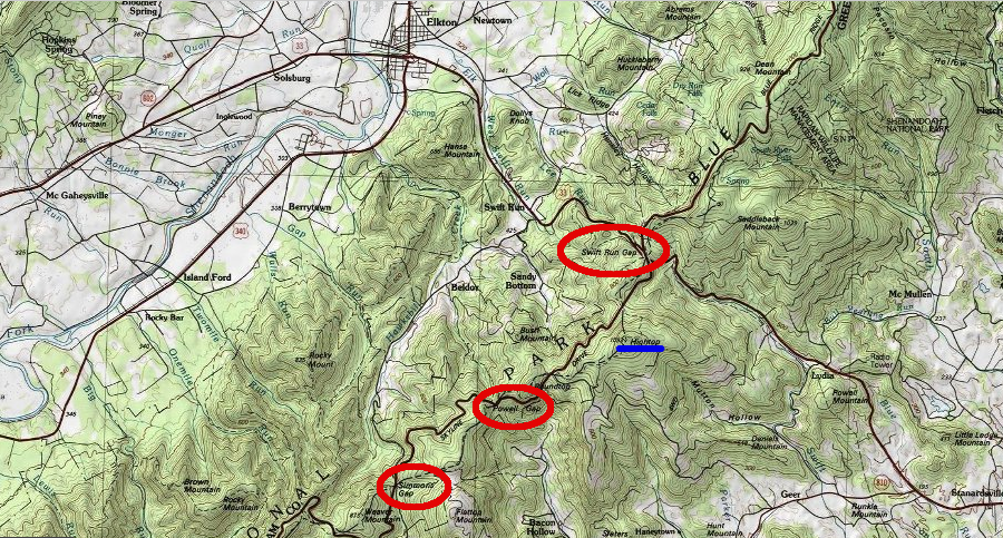 the Chesapeake Western Railway planned to cross the Blue Ridge at Powell Gap, rather than Simmon's Gap or Swift Run Gap
