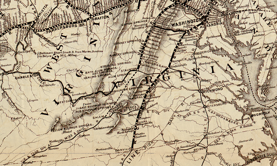 railroad network in Virginia in 1878, highlighting the Baltimore and Ohio Railroad