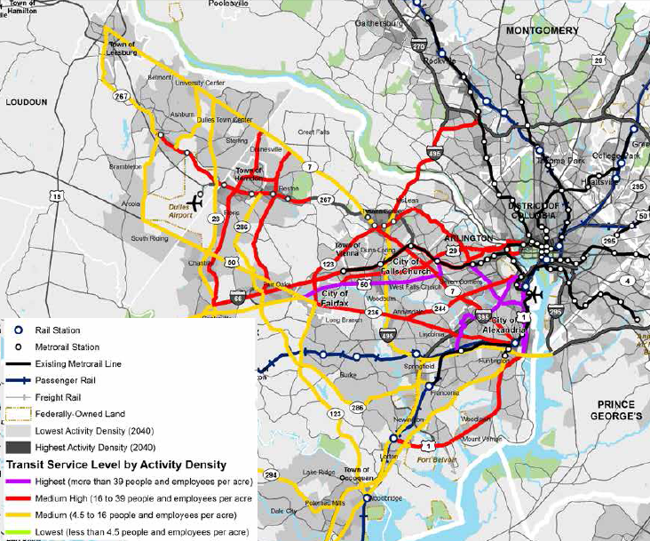 by the year 2040, the Virginia Department of Rail and Public Transportation predicted Medium High population density (16-39 people/employees per acre) would justify light rail or Bus Rapid Transit service between Alexandria-Woodbridge - but not heavy rail such as Metrorail