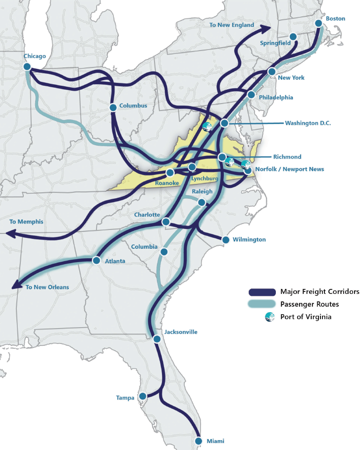 the Port of Virginia is located in the center of the rail network on the East Coast