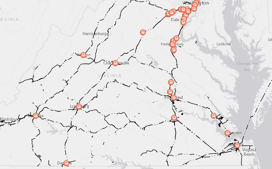 in 2019, there were no passenger rail stations west of Roanoke