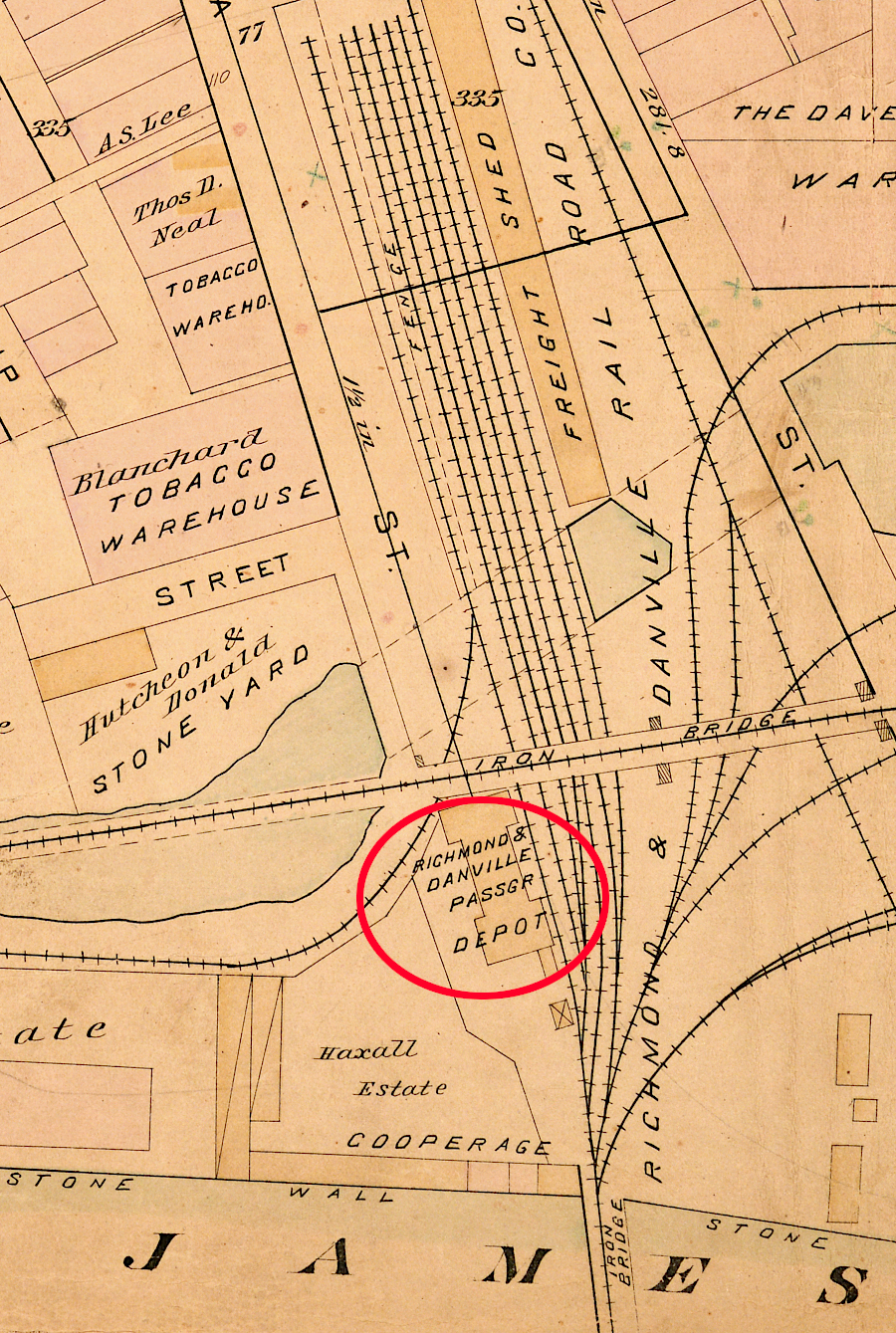 after the Civil War until 1900, the Richmond and Danville Railroad passenger depot in Richmond was just north of Mayo Bridge